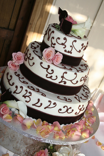 Pink and Brown Wedding Cake With Velvet Ribbon
