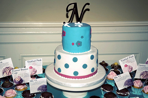 Fun Blue and White Wedding Cake with Raspberry Accents