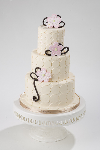 Dotted Wedding Cake with Pink Flowers