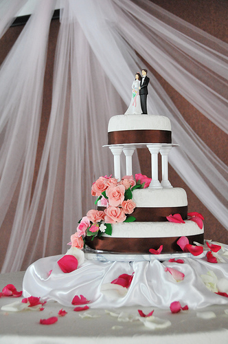 White Wedding Cake w/Brown and Pink Accents