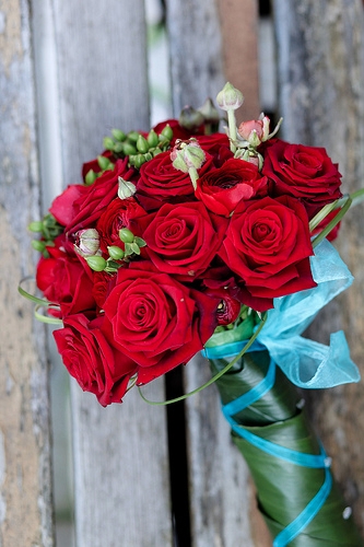 Real Wedding Pictures: Aqua and Red Bridal Bouquet