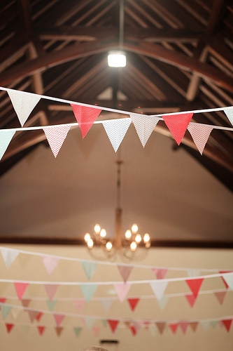 Real Wedding Pictures: Aqua and Red Wedding Bunting in Rafters